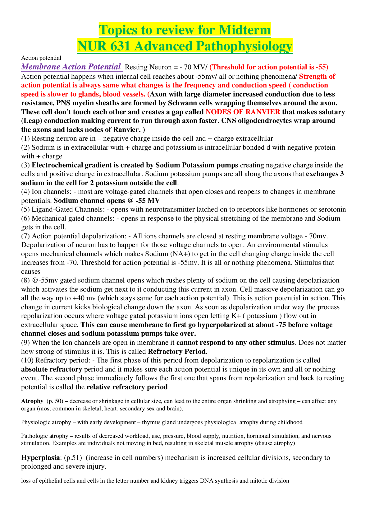 Preview image of NUR 631 Advanced Pathophysiology Topics to review for Midterm Study Guide document